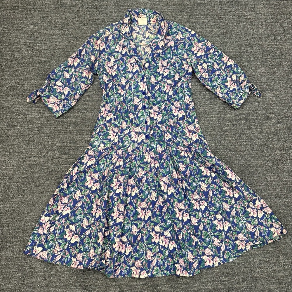 Vintage Anokhi Dress Women 10 Blue Floral Dropped Waist Collared Fit Flare Retro